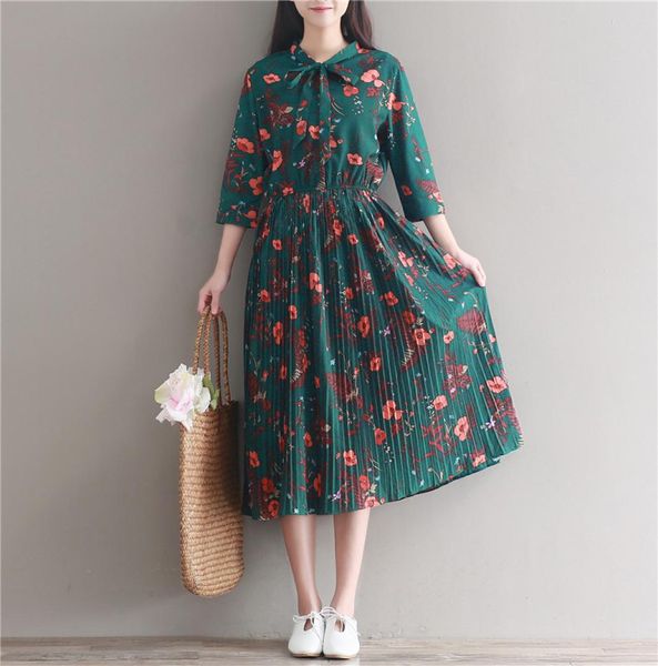 Vintage Retro Green Print Long Dress 2018 New Spring Summer Women Women Flowers Плиссированные шифоновые платья5867347