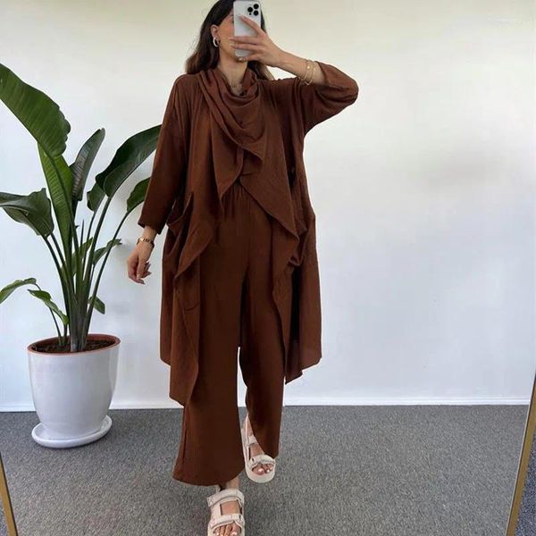 Pantaloni da due pezzi da donna Donne sciolte a scialle tascabile grande camicia cardigan camicia a maniche lunghe con manica a maniche lunghe Maglie Top Poncho Irregolare 2 pezzi