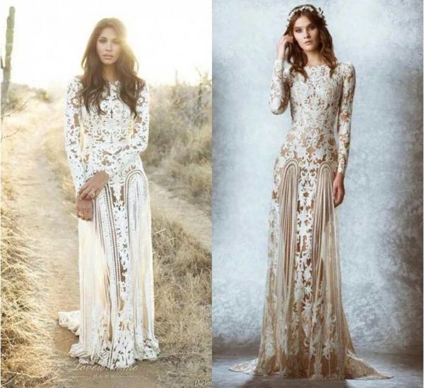 Vestidos 2020 Novo romântico Zuhair Murad Lace Sheer Vestres de noiva Vestidos de noiva do jardim Apliques do chão Spring Mangas longas Casamento G