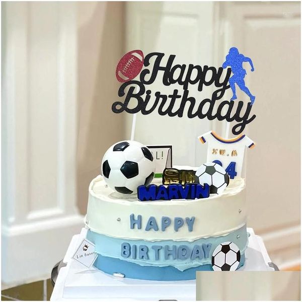 Andere festliche Partyversorgungen Football Theme Cake Topper Alles Gute zum Geburtstag Fußball Cupcake Toppers Flage für Kinder Boy Dekoration Supplie Dhcaw