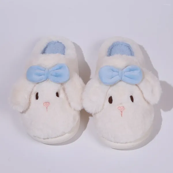 Slippers feminino Bowknot ovelha de algodão inverno grosso e quente casa plana sapatos planos desenho animado macio não deslizamento