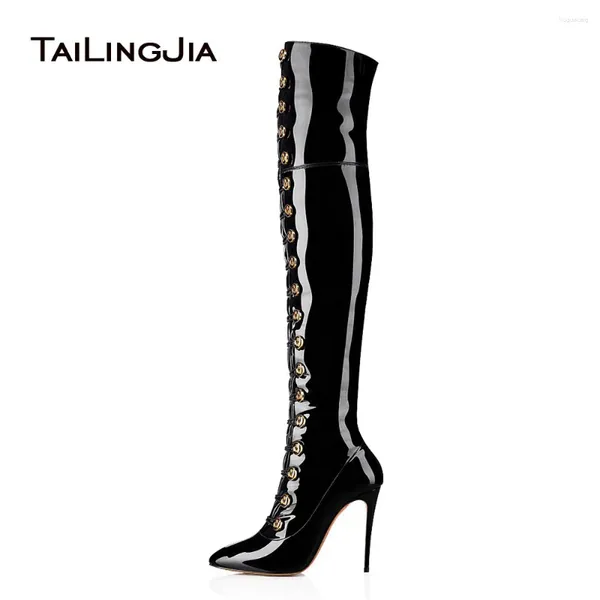 Stivali luccicanti neri sopra il ginocchio Donne lunghe lunghe bottoni tacchi a punta di punta di calcio di brevetto in pelle da donna scarpe invernali