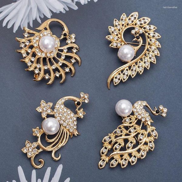 Spille Rhinestone Pearl Peacock Animal Corsage Classic Crystal Spilli per spille per donne Banchetto Wedding Costume Fashion Jewelry