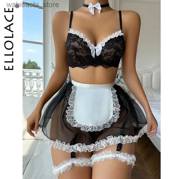 Sexy Set Ellolace Maid Dessous sexy erotische Outfits Fancy Lace Bowknot Bra Kit Push Up Sheer Mesh Rock sehen durch Sissy Intimate L2447