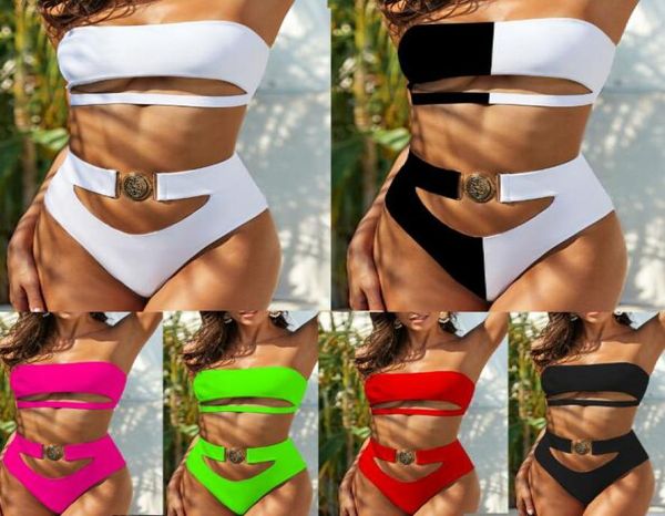 2020 güzel metal toka bikini kadın tüp üst siyah iki parçalı mayo yüksek bel push yukarı bandeau maysuit7742842