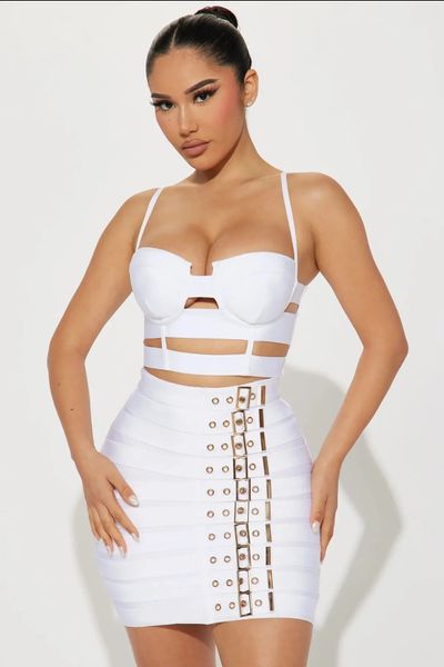 2023 Summer Black White Women Sexy Bangage Tops Belt Pencil Skirts Set Nightclub Petenget Womens Wholesale 240401