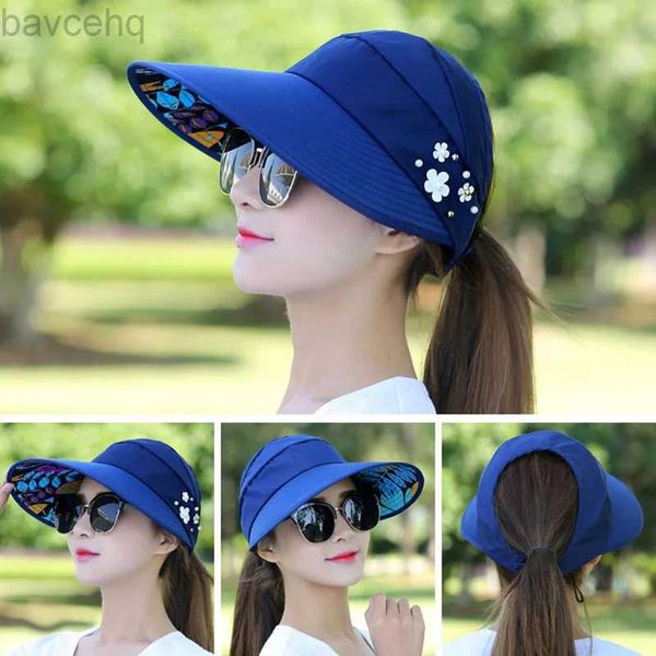 Breitkrochhelme Eimer Hüte Sommerhüte für Frauen falten Sun Hut Perlen Blume Visor Sonnencreme Floppy Mütze Frau Outdoor Casual Baseball Cap 240407