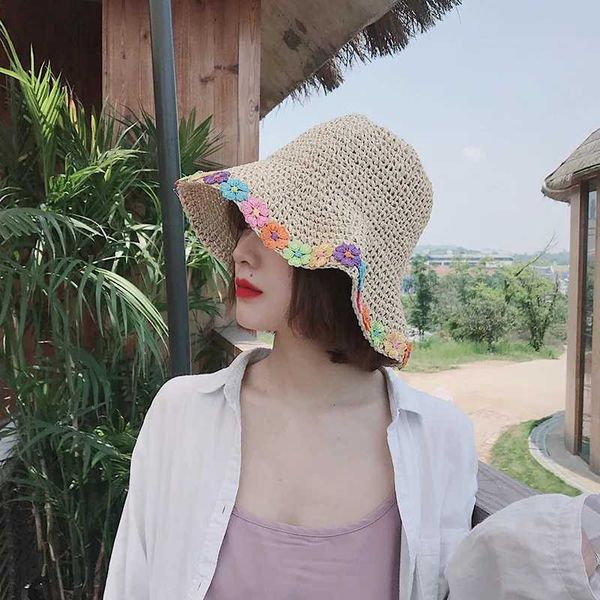 Cappelli larghi secchio cappello di paglia estiva Women Flower Sun Folleble Panama Cap UV Fishing Vacano Beach Q240403