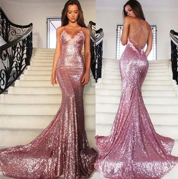 Kleider Pink Pailletten Prom Kleider 8. Klasse Abschlusskleider Lange Spitzen Applikationen Mermaid Semi Formal Abend Party Kleid Backless Custom