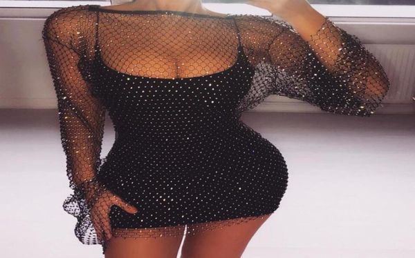 Vestido de pesca de diamantes brilhantes de diamantes Sexy Mulheres de praia Mesh Hollow Out Transparent Party Dresses Club Wear Wear White Black 20193955859