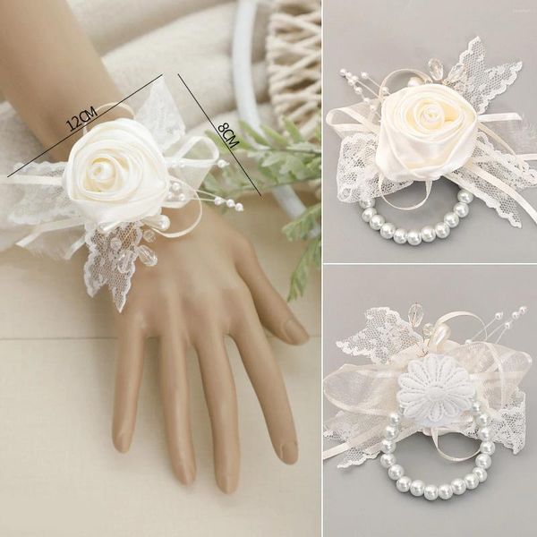 Flores decorativas 6pcs dama de honra Faux Rose Bracelet Wedding Wedding Corsage Ribbon Pearl Bow Presentes de noiva Hand Party Prom Supplies