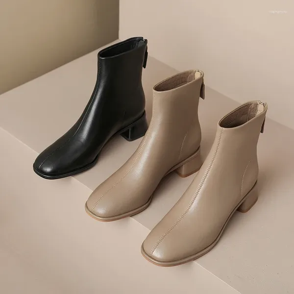 Sapatos de vestido botas de tornozelas femininas de couro genuíno com zíper de inverno feito à mão