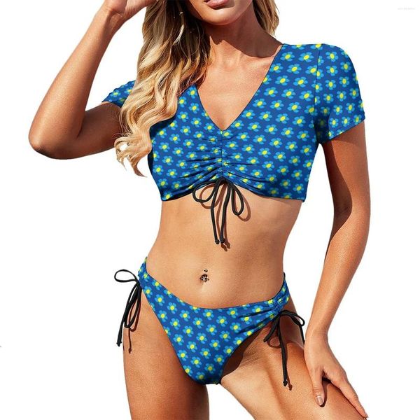 Damen Badebekleidung Blau und gelb Daisy Bikini Bikini Badeanzug sexy Vintage Blumen Frauen Einfach Bikinis Set zweiteilige Push -up -Grafik Beachwege