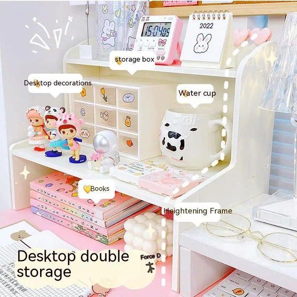 Hooks Desktop Storage Rack Doppelschicht hölzerne minimalistische Bücherregal -Schreibtisch White Girl Heart Student Cosmetics Box