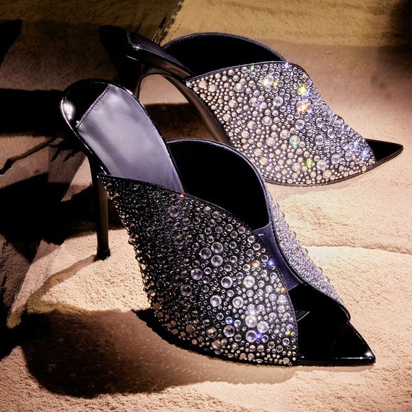 Sapatos de grife de embelezas de cristal bombas de ponta pontiaguda dos pés abertos calçados escorregar na marca de luxo feminino de 10 cm calçados de fábrica de festas de casamento com caixa