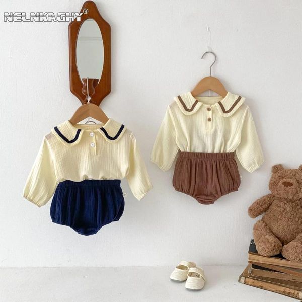 Roupas conjuntos de roupas nascidos meninos meninos outono de manga cheia de colarinho marinho de pão sólido pão de fundo infantil infantil algodão puro Conjunto de algodão 2pcs