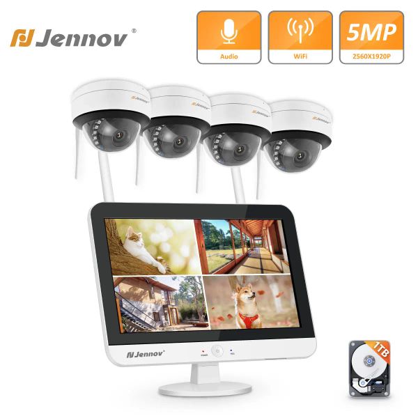 Sistema Jennov Surveillance Sistema Sistema Kit esterno video NVR 8CH 5MP Monitoraggio della telecamera WiFi Impossibile impermeabile con display da 12 pollici