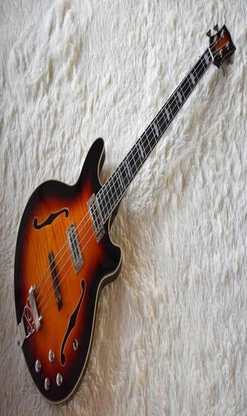 Factory Semihollow Tobacco Sunburst Electric Bass Guitar com 4 Stringsflame Maple MeneerChrome HardwareHigh Qualityan pode ser Cu6670709