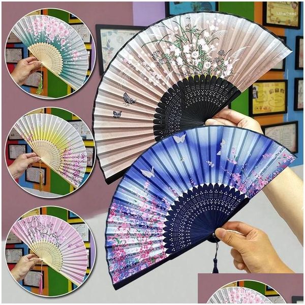 Dekorative Objekte Figuren Vintage Chinese Printed Folding Fans Party Dance Requisiten Hand gehaltene hölzerne Seidenquasten Hängende Anhänger Dhwln