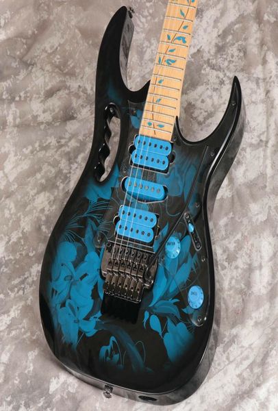 Jem77 raro BFP Blue Flor Padrão Steve Vai 7V Árvore de guitarra elétrica de vida embutido Tremolo Breating Nut Hardware preto2678165