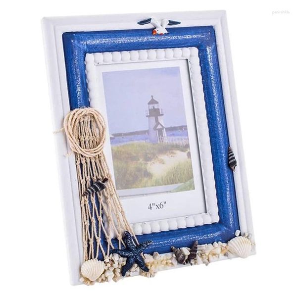 Quadros de madeira Po quadro de praia praia costeira suporte de suporte artesanal Ornamento de mesa com barril de concha para decoração