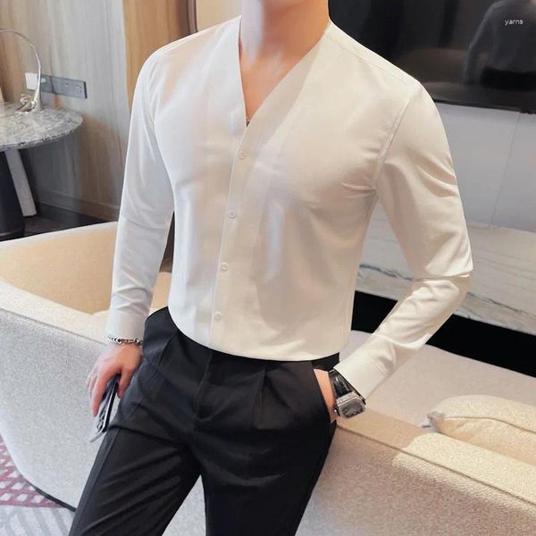 Мужские повседневные рубашки твердый цвет бесцветная эластичная рубашка мужская мода V-образное склонное платье для бизнеса