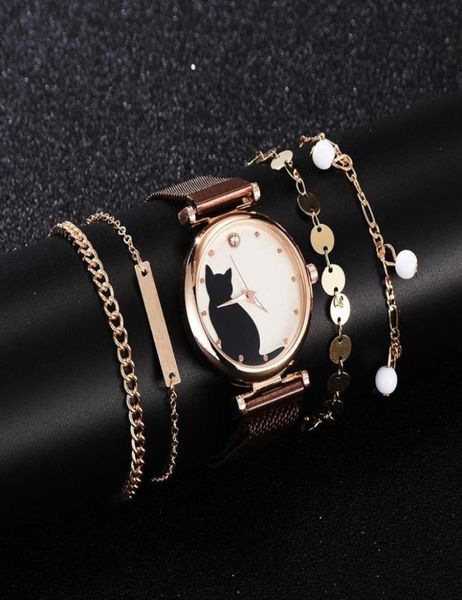 5pcs Set Uhren für Frauen 2020 Fashion Magnet Katzenmuster Pink Watch Women Quarz Armband Bracelet Uhr Drop304x3773474