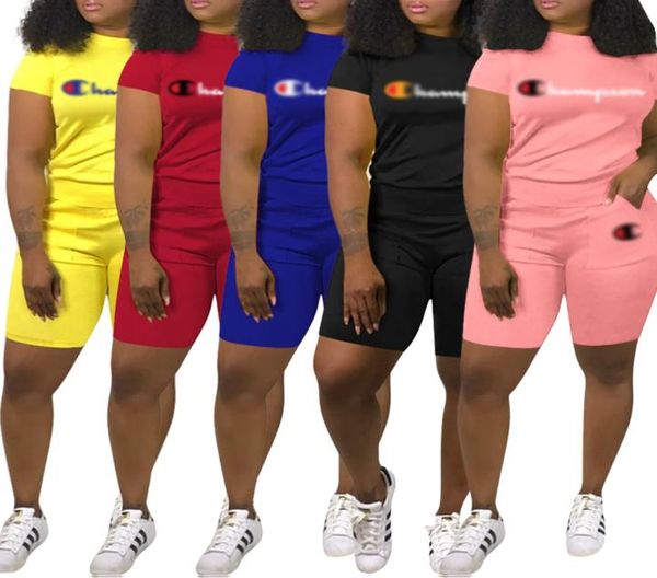 Champions Women zweiteilige Outfits Designer Buchstaben Print Tracksuit Kurzarm T -Shirt Pocket Hose Shorts Set Sports Anzüge Red Pin5750437