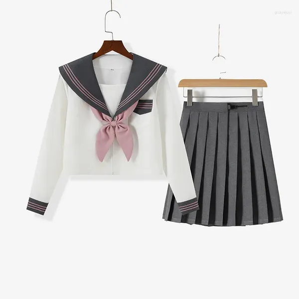 Roupas definidas cinzas uniformes marinheiros de uniforme de marinheiro japonês bordado na primavera de primavera verão de manga longa saia plissada no estilo da faculdade