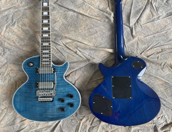 Custom Lifeson Dark Blue Flame Maple Top Guitarle Electric Axcess Articolazione del collo intagliato Floyd Rose Tremolo Belly Cut conto2723033