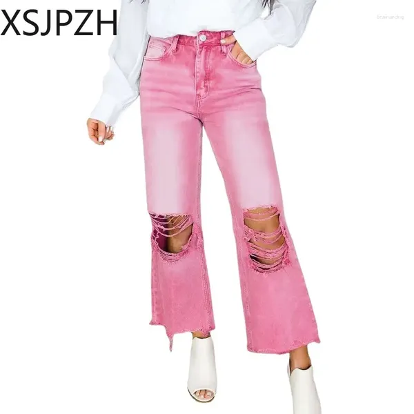 Женские джинсы xsjpzh Fashion Fashion Ship Wind Leg Vintage Высокая талия растягивалась той, разорванная повседневная уличная одежда для джинсовой одежды Y2K 2000 -е годы