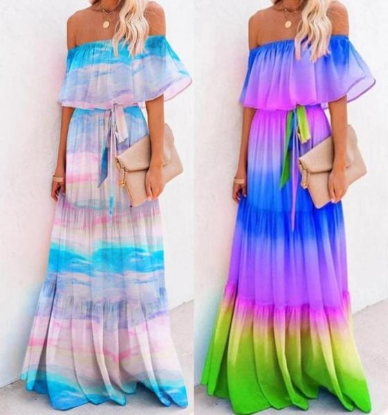 Lässige Kleider Regenbogenfarbe von Schulterkleid Frauen plissierte Lange Party sexy Maxi für große Strandrobe Femme3475851