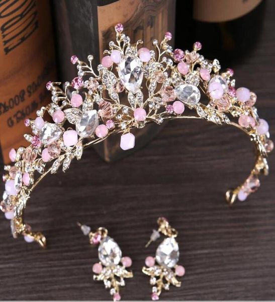 Luxus Brautkronenkristalle Royal Wedding Queen Crowns Prinzessin Crystal Barock Geburtstagsfeier Tiaras Ohrring Pink Gold süß 166412086