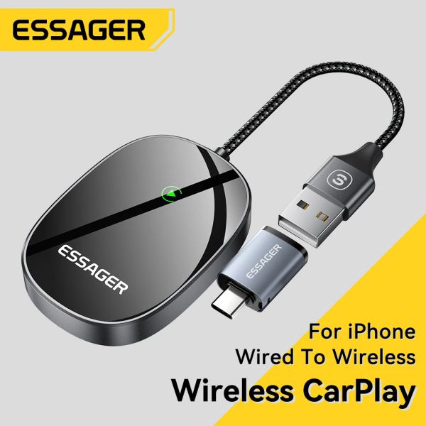 Fişler Essager Kablosuz Carplay 5G Bluetooth Kablosuz fiş için kablolu WiFi Online Güncelleme iPhone15 için Carplay Adaptörü 14 XR Max