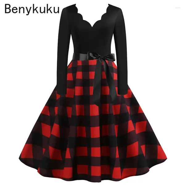 Sıradan Elbiseler Kadın Ekose Baskı Uzun Kollu Elbise 2024 Sping Kadın Giyim Vintage Noel Partisi Pin Up Rockabilly Robe Femme S-3XL