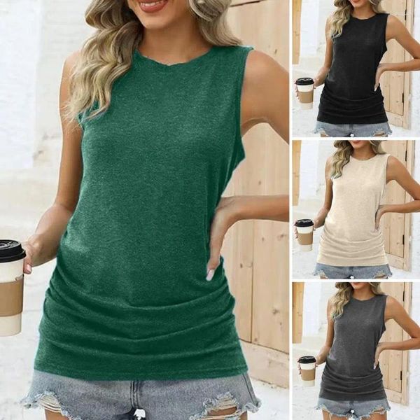 Frauenblusen vielseitiger ärmellose Hemd Stilvolle Sommer-Tanktops O-Neck Side Riched Weste Crew Hals Lose für Streetwear