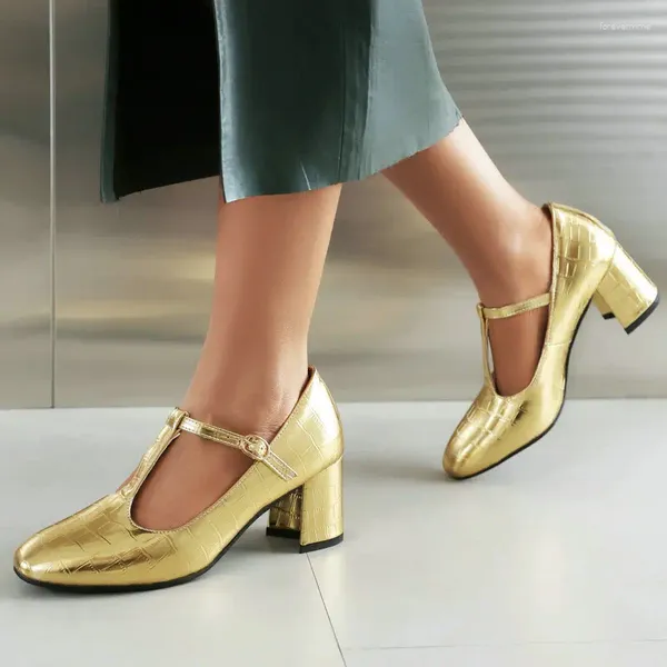 Kleiderschuhe glänzende goldene silberne Farbe Runde Zehen-T-Straße für Frauen große Größe 46 47 48 Spring Chunky High Heels Pumps Lady Mary Janes