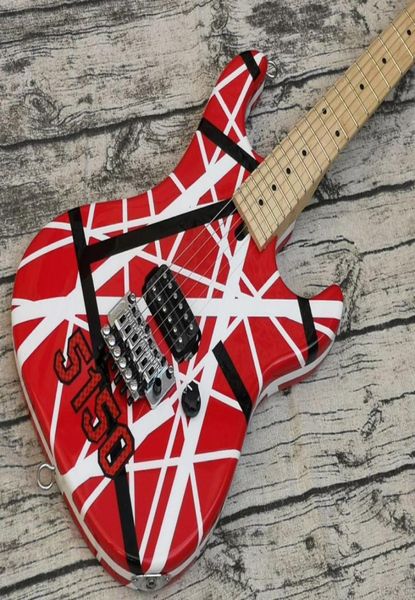 Upgrade großer Gradstocker Eddie Van Halen 5150 Weißer schwarzer Streifen rote E -Gitarre Floyd Rose Tremolo Verriegelung Nuss Maple Hals F3244026