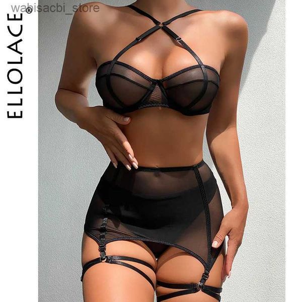 Set sexy Ellolace Sensual Lingere Giarrettiera di bendaggi esotici con calze reggiseno trasparente intimo duro donna heard in 3 pezzi biancheria bianche nere l2447