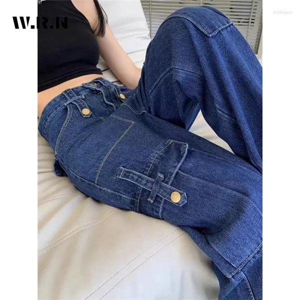 Kadınlar Kot High Cand Street tarzı mavi düz Kore moda geniş bacak pantolonları Kadın Bolggy Y2K denim pantolon