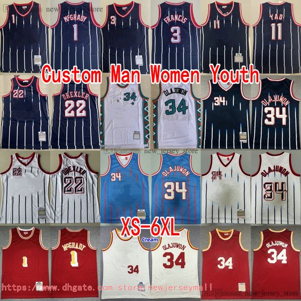 Custom XS-6XL Classic Retro 1996-97 Basketball 34 Hakeem Olajuwon Trikot Throwback Vintage 22 Clyde Drexler Tracy Steve McGrady Francis Ming Atmungsfreies Sporthemd