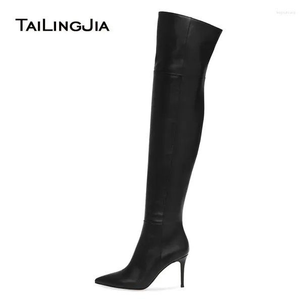 Stiefel hohe Absatz schwarz über den Knie Frauen speicherte Zeh Overknee 2024 Heeled Stiefelschuhe Winter Damen Schuhe große Größe groß