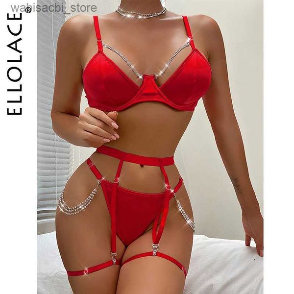 Set sexy Ellolace Valentines Day Silk Lingerie Luxury Sinestone biancheria intima a 4 pezzi Set erotici rossi intimi senza censura L2447