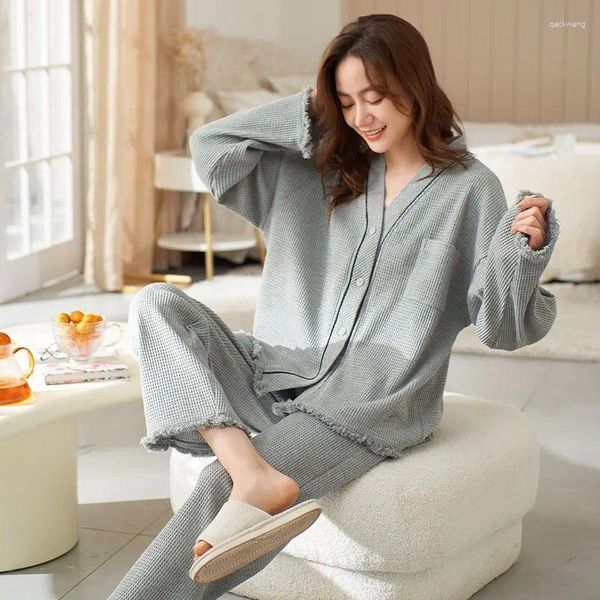 Pijama de algodão para dormir feminino Mulheres da primavera outono calças de manga longa Princesa estilo inserimento em casa pode ser usado fora do inverno