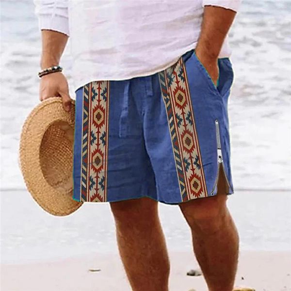 Shorts masculinos linho de algodão gráfico vintage para homens 2024 Summer Ethnic Ethnic coxa Zipper Fashion Casual Beach Trouphers curtas