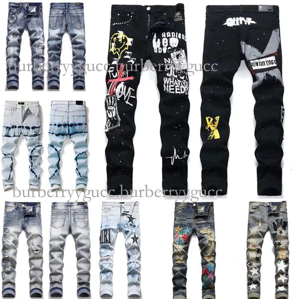 Men Jeas Designer Mens Purple High Street Jeans Bordado Pants Bordadas Mulheres Mulheres Rasgadas Rapped Hole Denim Moda Slim Slim