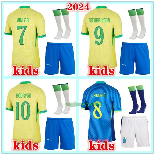 Nuovo 2024 maglia BrazilS VINI JR maglia di calcio Home Away kids kit di calcio calze 24 25 bambino brasilS RICHARLISON maglie calcio jersey