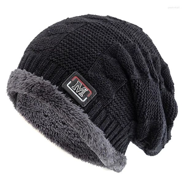 Berets Unisex warmer Winterhut Fashion m Brief Label Strickhüte für Männer Frauen hinzufügen Fellgekleidet dicke Ski -Mütze Motorhaube Cap