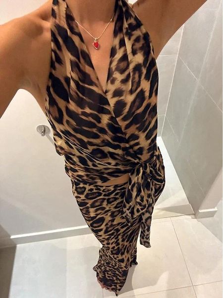 Vestidos de trabalho estampa de leopardo Bodycon Mulheres Y2K MAXI DRESS Conjunto de verão Halter backless backless saídas longas de duas peças combinando roupas
