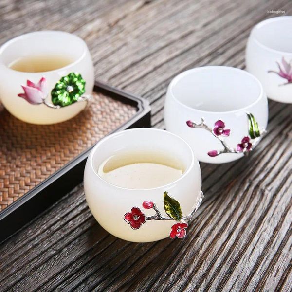 Чашки блюдцы японская инкрустация серебристого белого нефрита фарфорового стеклянного стеклянного чайной чайной чайная чашка термостойкая мастер творческий набор